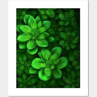 Biolumnicent green flower pattern Posters and Art